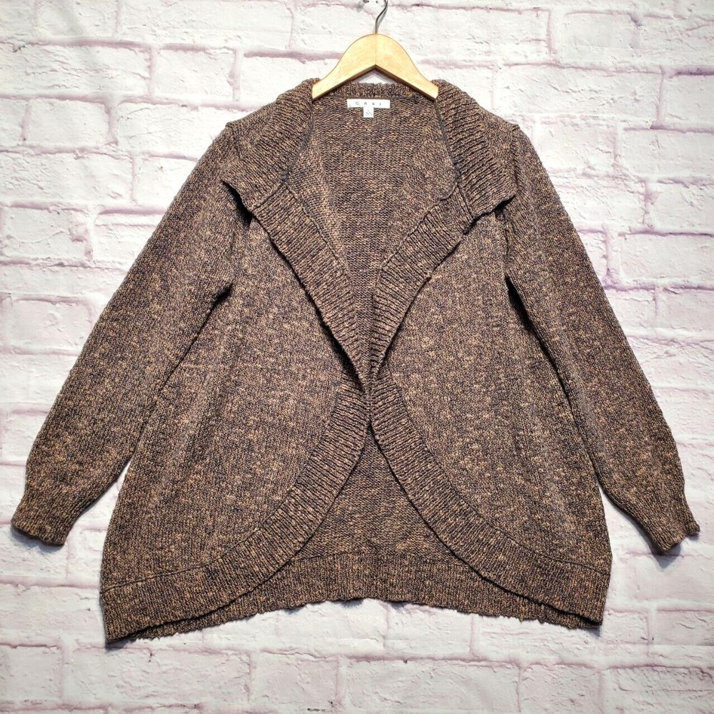 CAbi #880 Open Front Cardigan Sweater Womens Large Brown Gray 100% Cotton Cozy